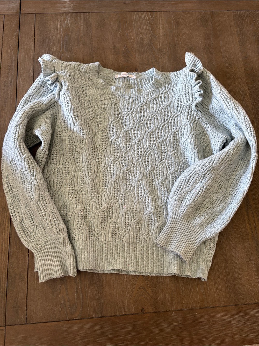 Light Blue Cable-Knit Ruffle Shoulder Sweater
